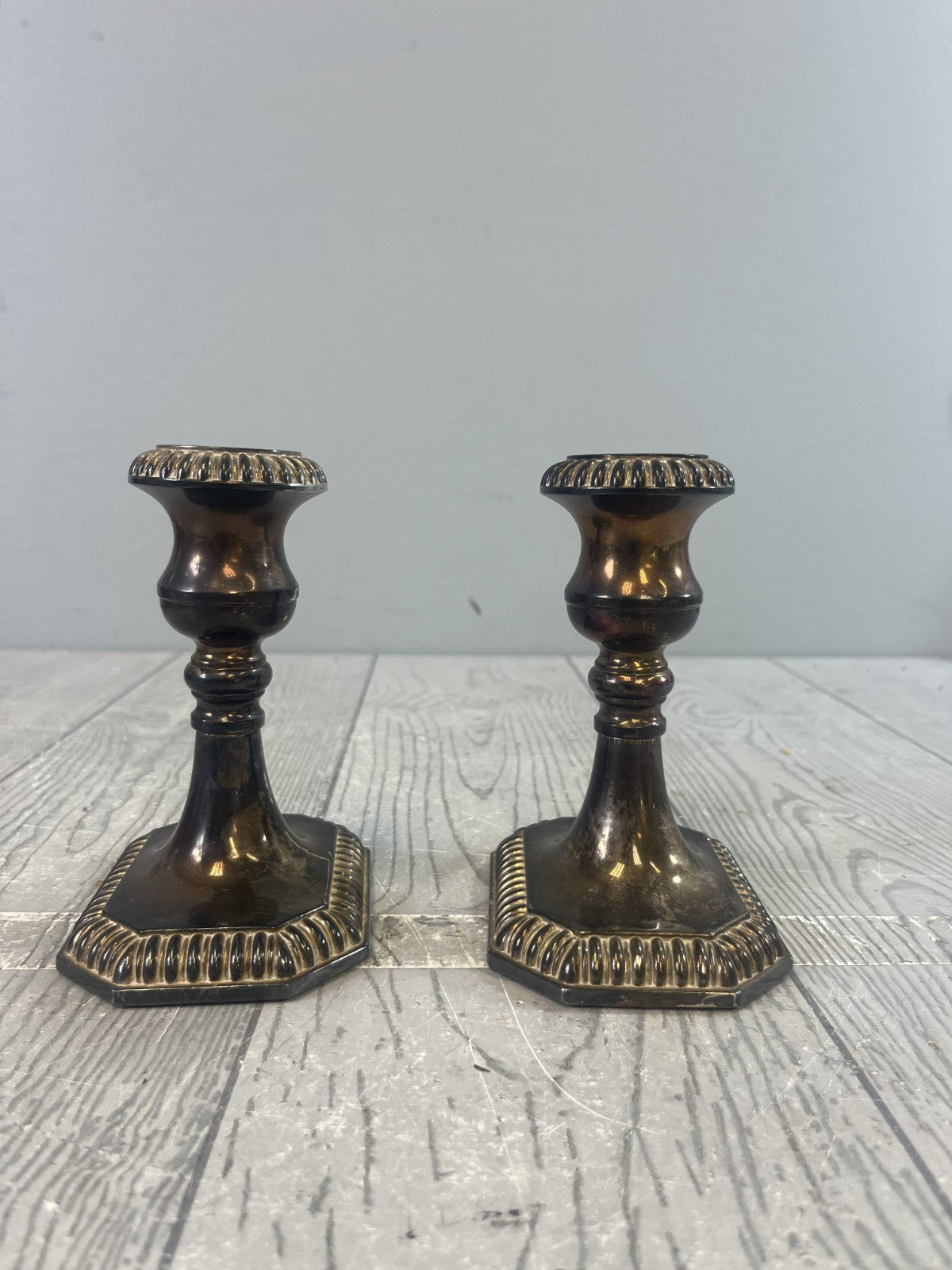 Vintage Pair of Midcentury Modern Brass Candlesticks Candle Holders Ornate