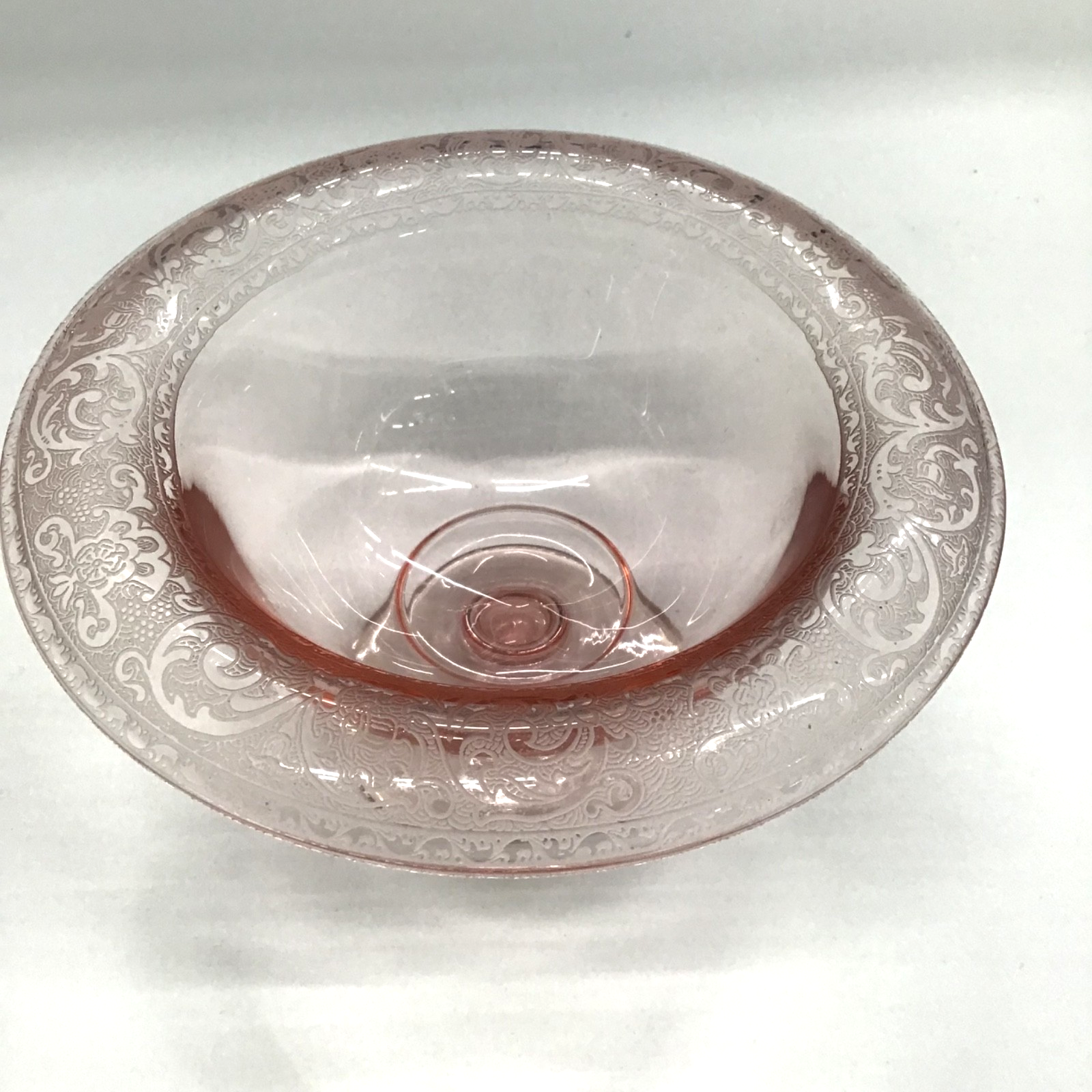 Vintage Pink Depression Glass Bowl on Pedestal with Delicate Etched Rim