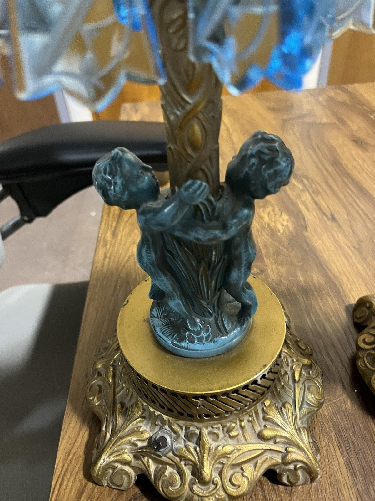 Pair Of Antique Cast Gold Metal With Blue Cherub Figural Table Lamp Clear Shades