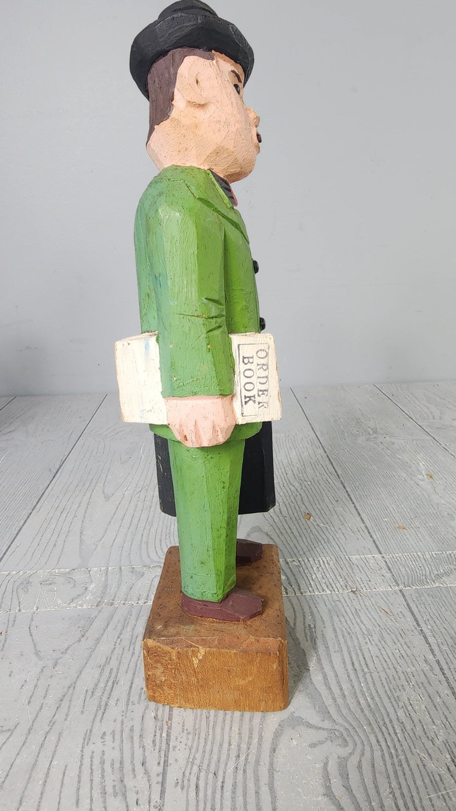 Vintage Hand Carved Wooden Statue Salesman with Cigar Wood Carving Art
