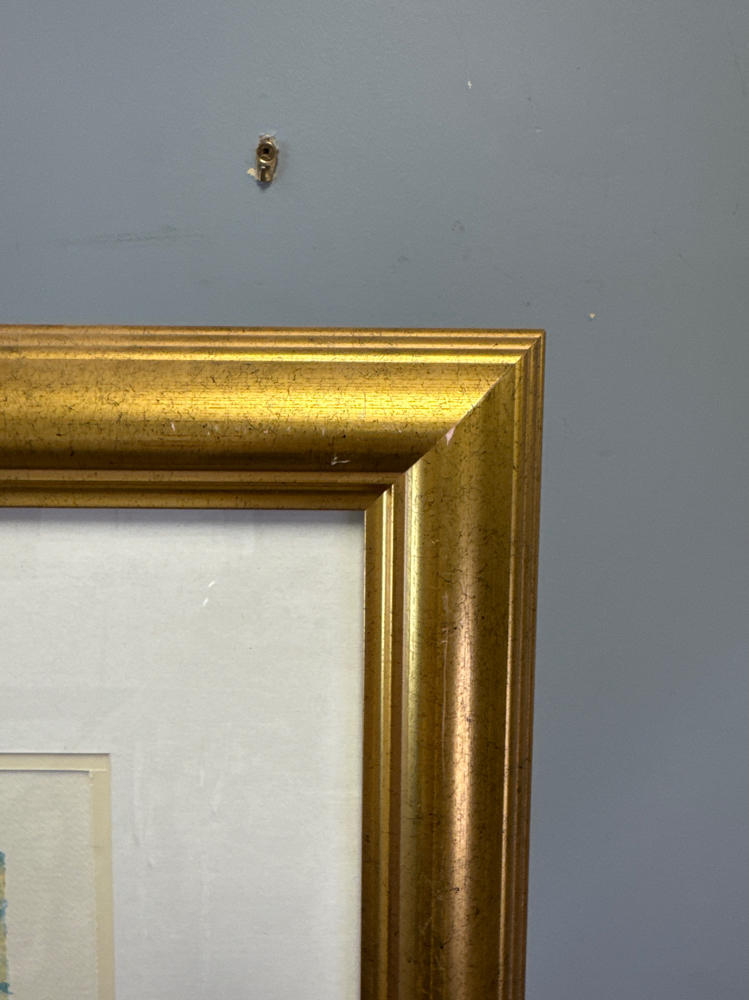 Signed Hazel Soan Terrace View 3 Sea Serigraph Painting in Gold Frame