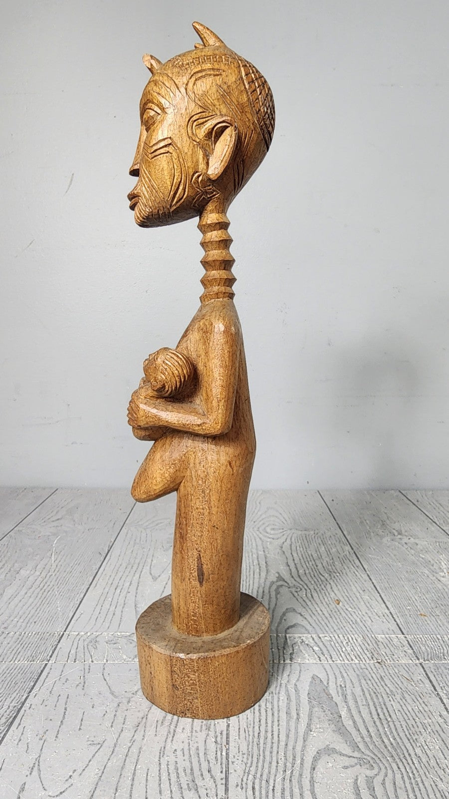Unique!!! 16" Vintage Tribal Wood Carved Nude Woman Holding Baby