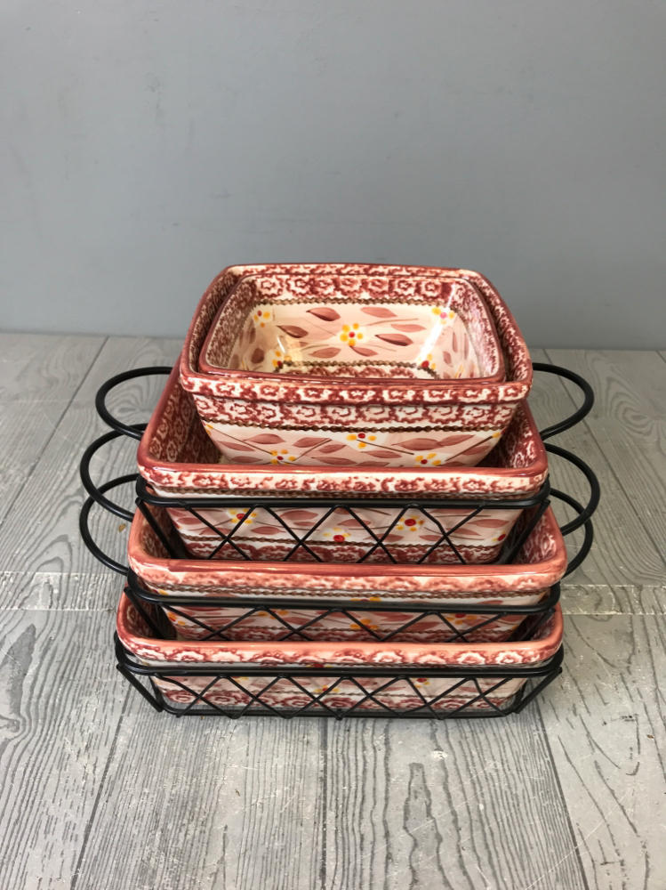 Temp-Tations Old World Cranberry 5 piece Square Baking Dishes w 3 Metal Stands