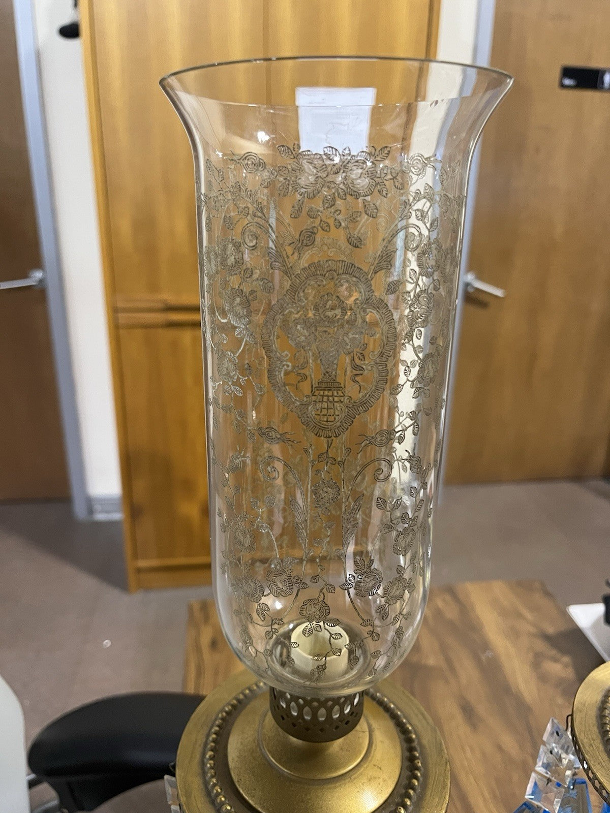 Pair Of Antique Cast Gold Metal With Blue Cherub Figural Table Lamp Clear Shades