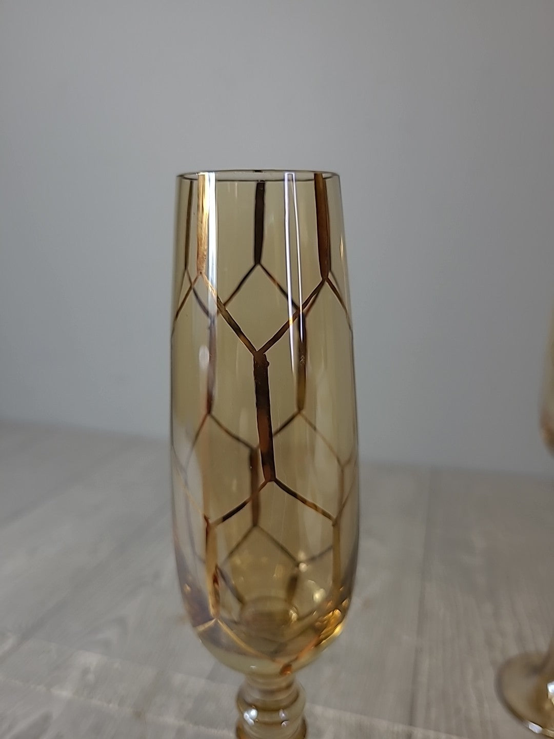 Amber and Gold Pair of Footed Champagne Flutes