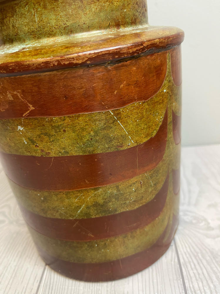 Pair of 70s Inspired Lidded Metal Cannisters Hand-Painted Green, Brown Storage