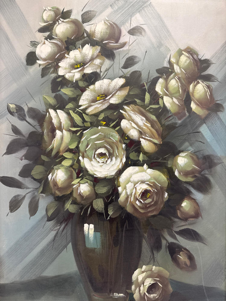 Moody Dark Floral Still Life Signed and in Wood Frame by Artist Maurillo