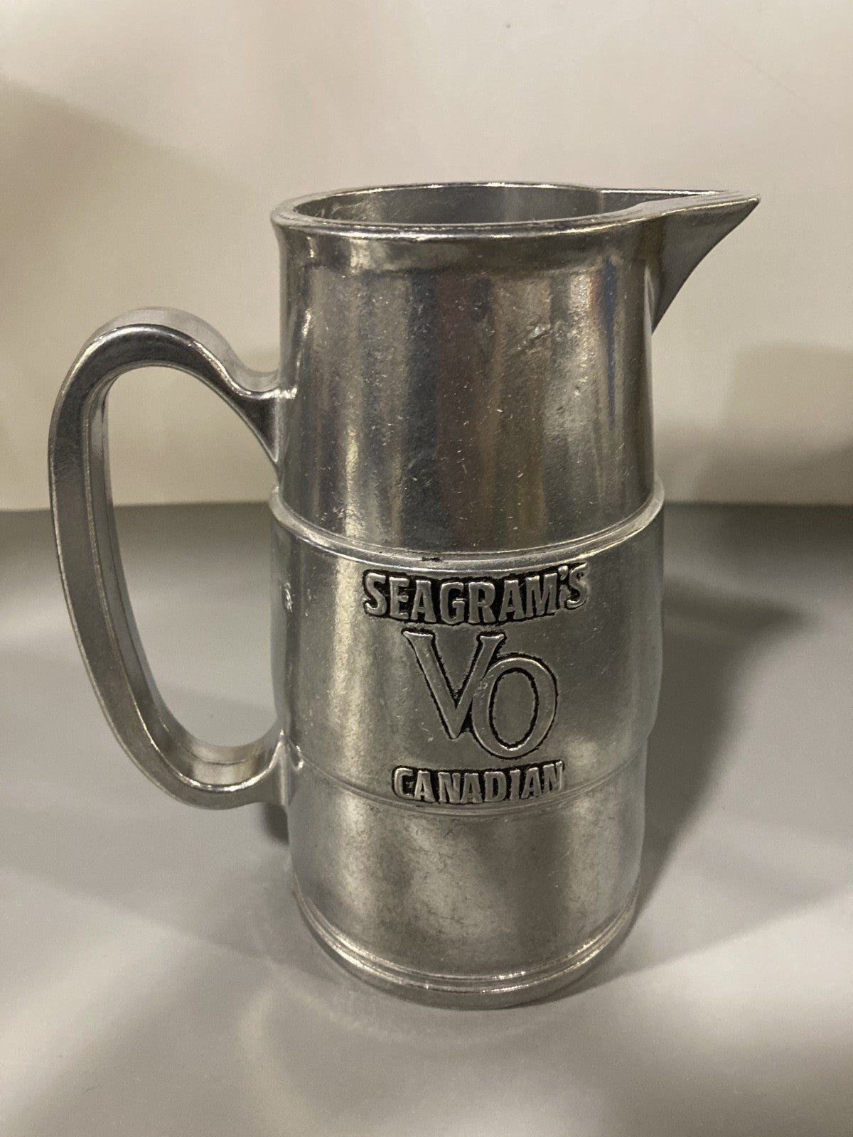 Vintage Collectible Ceramic Liquor Jug/Pitcher Seagram's Canadian VO Metal