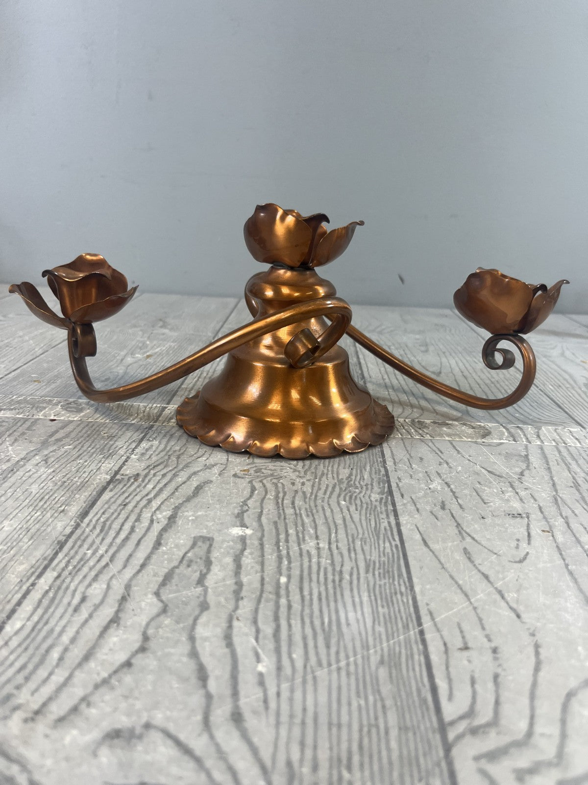 Georgian Copper Candelabra Twist 3 Candlestick Holder Rose Detail Stamped