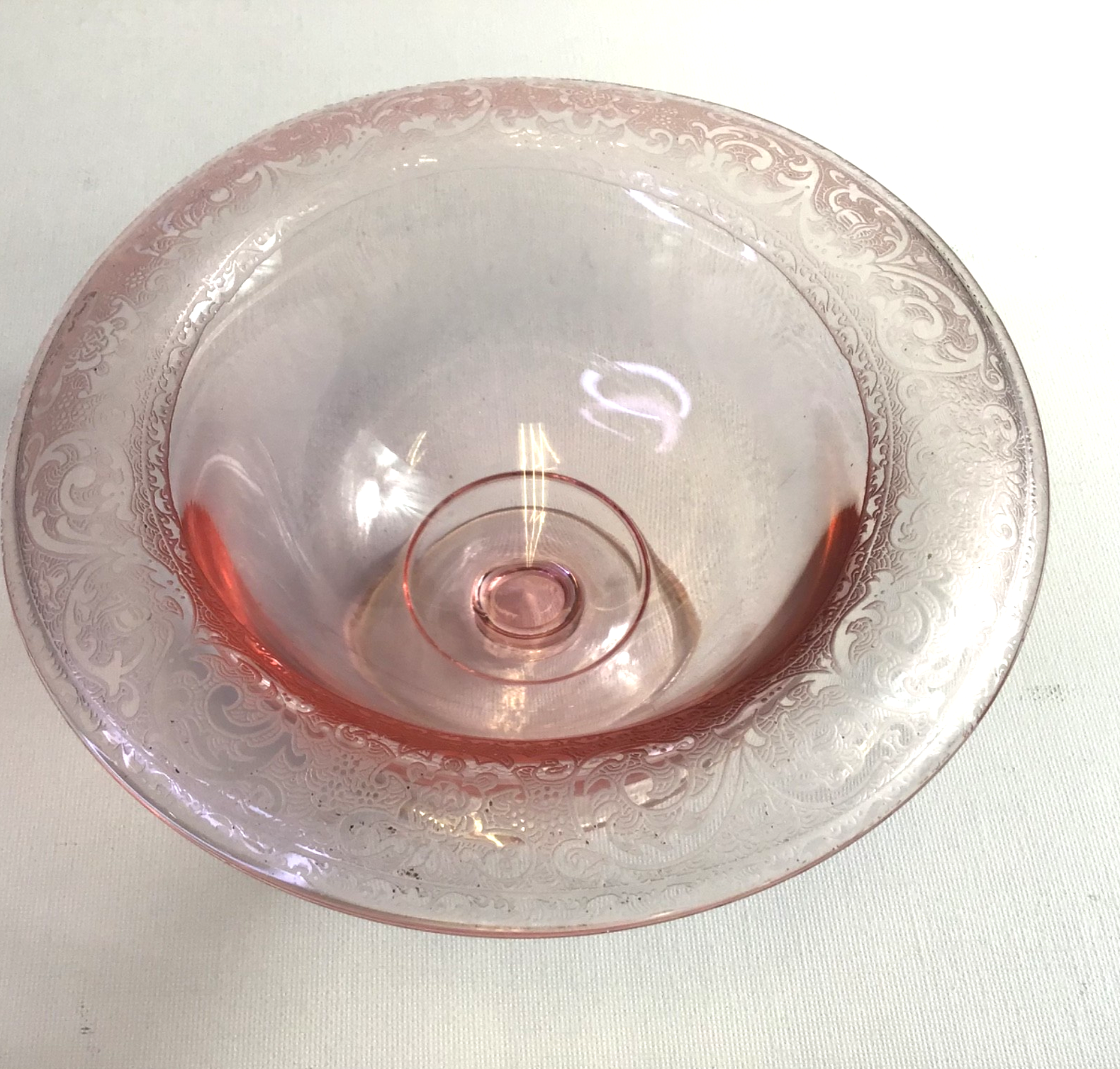 Vintage Pink Depression Glass Bowl on Pedestal with Delicate Etched Rim