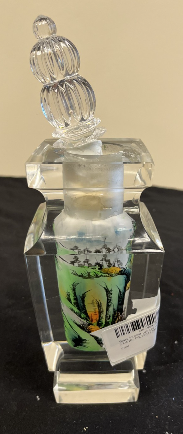 Vintage Asian Bottle Glass Reverse Painted Snuff Jar Bud Vase Hand Painted 