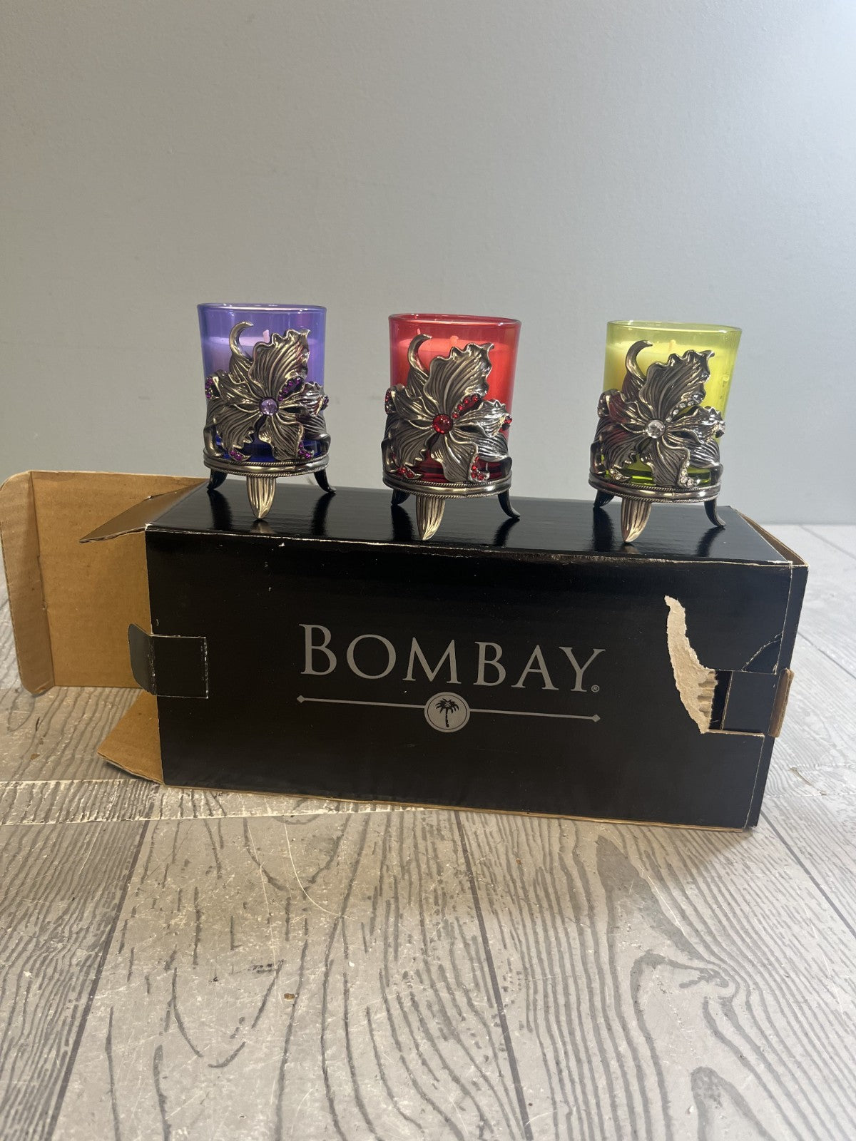 Vintage Bombay Set of 3 Flower Votive Candle Holders Multicolored Original Bo