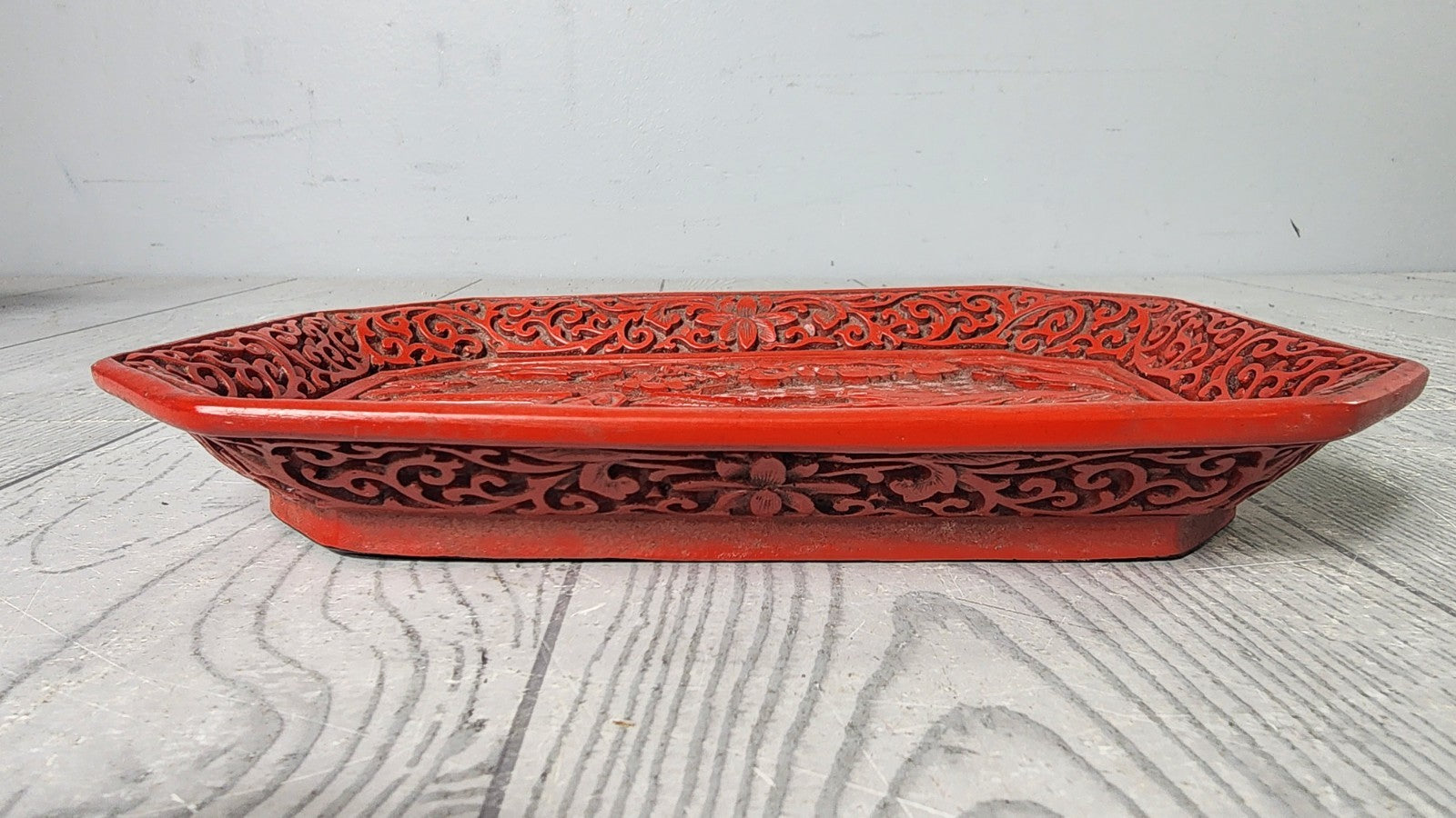 Vintage Mid-20th Century Chinese Hand Carved Cinnabar Inspired Lacquer Plate