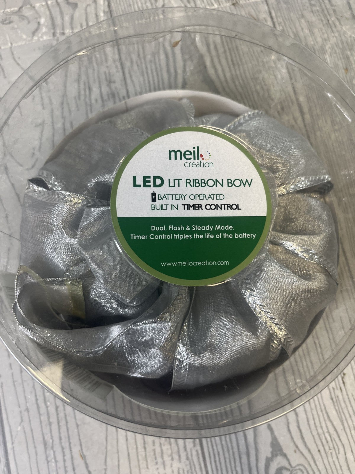 LED White Lighted Silver Decorative Ribbon Bow by Meilo QVC Gift Holiday Decor