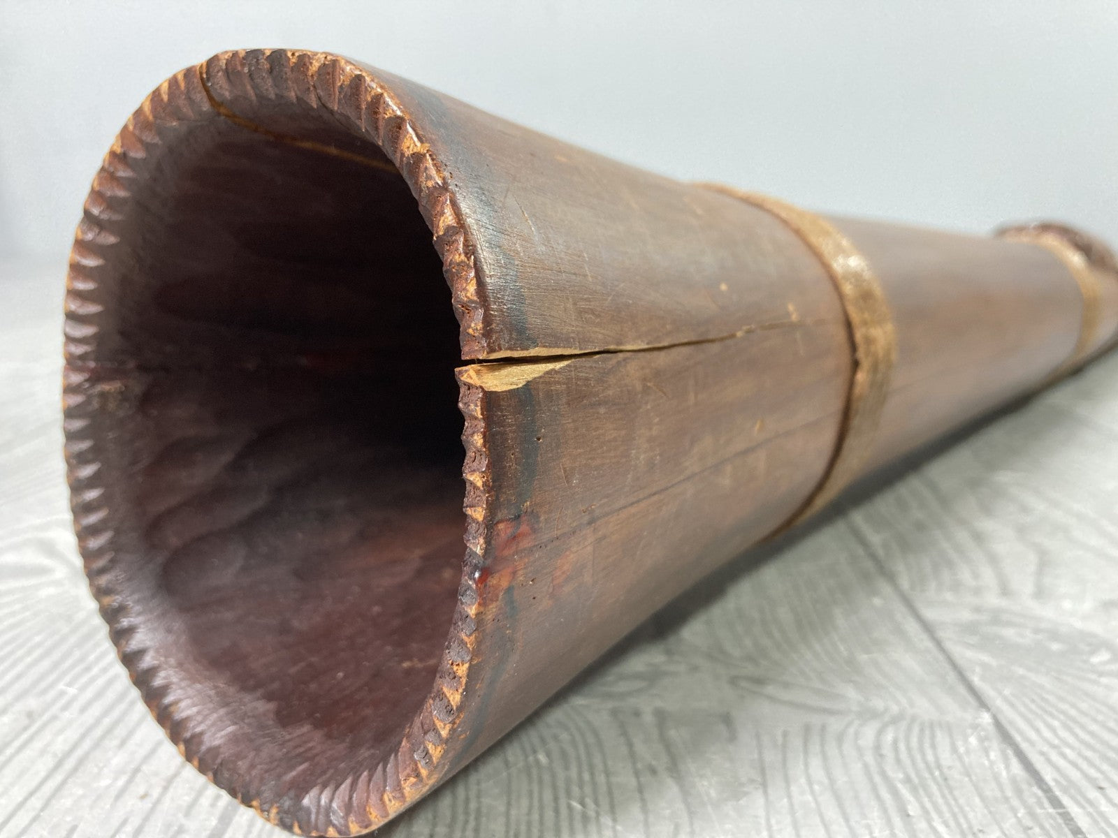 Decorative Tall Wooden Horn Shaped Polynesian Tribal Art Piece Mother of Pearl