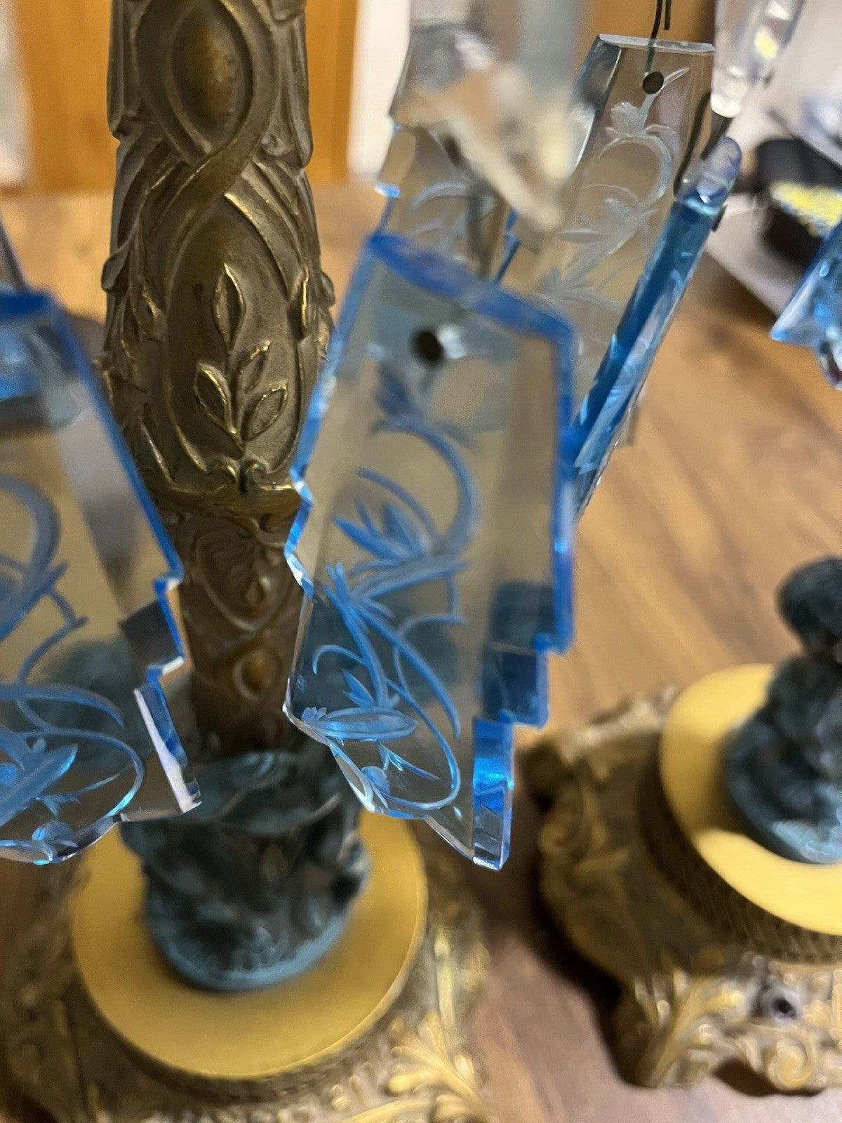 Pair Of Antique Cast Gold Metal With Blue Cherub Figural Table Lamp Clear Shades