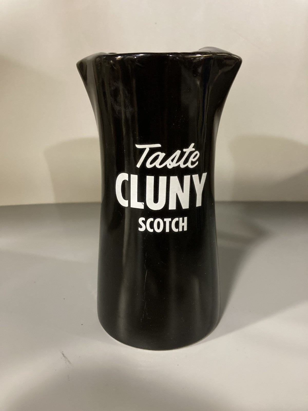 Vintage Collectible Ceramic Liquor Jug/Pitcher Taste Cluny Scotch Black/White
