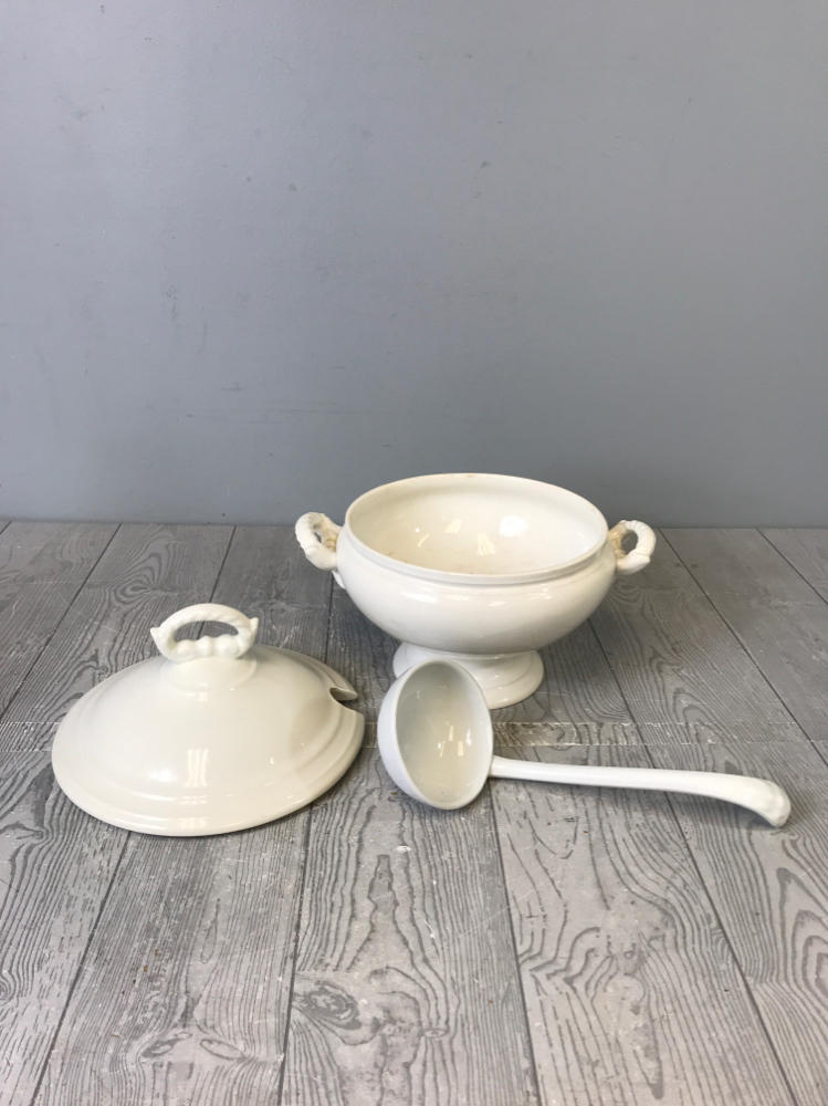 Antique Boch La Louviere Soup Tureen Dish w Ladle Art Nouveau Art Deco White