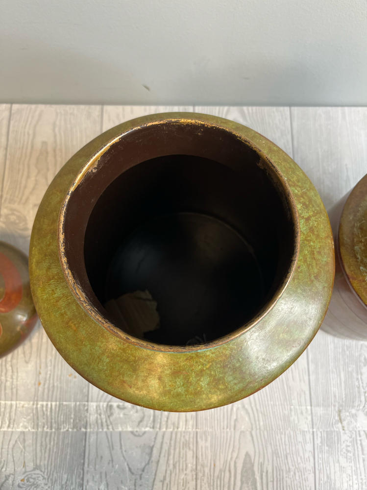 Pair of 70s Inspired Lidded Metal Cannisters Hand-Painted Green, Brown Storage