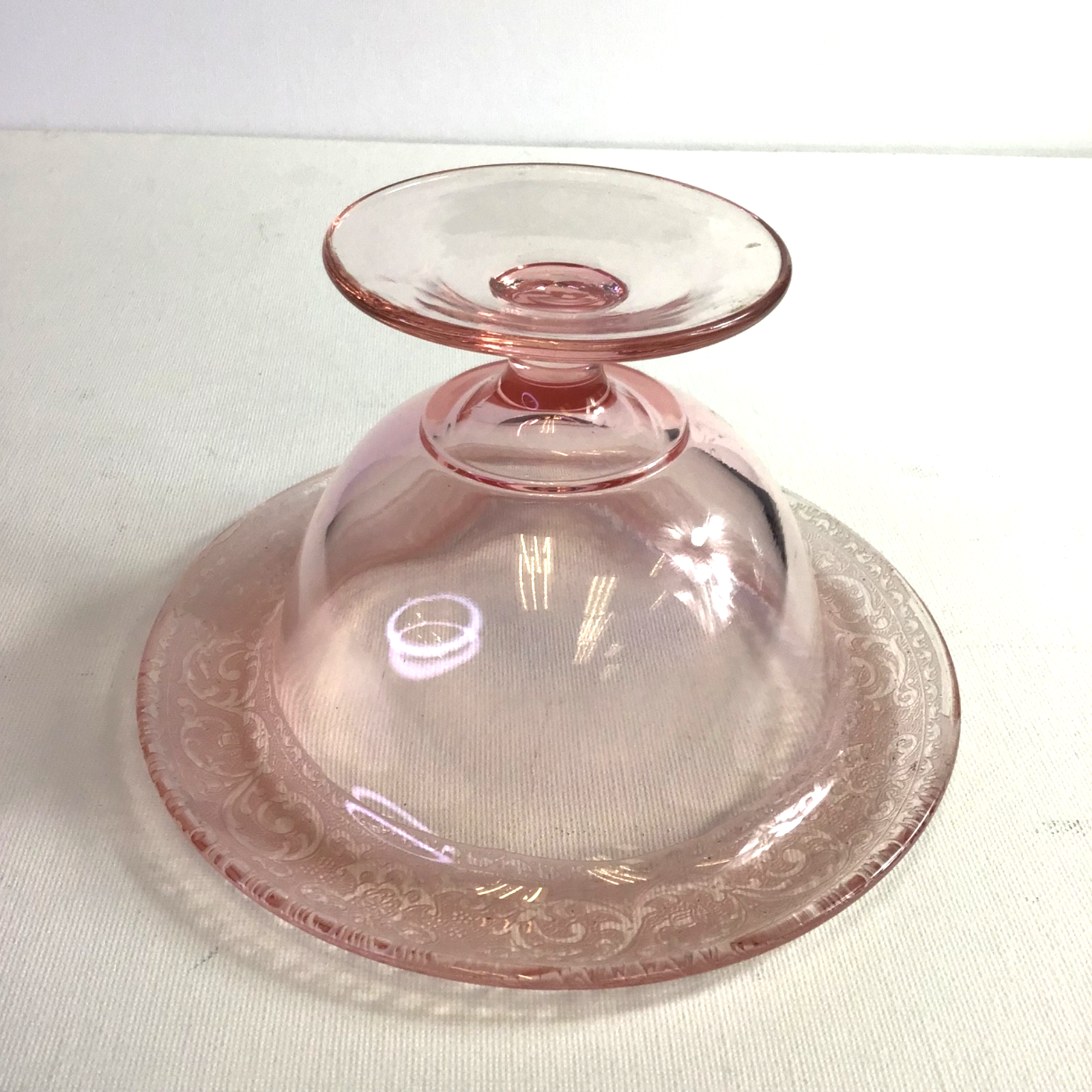 Vintage Pink Depression Glass Bowl on Pedestal with Delicate Etched Rim