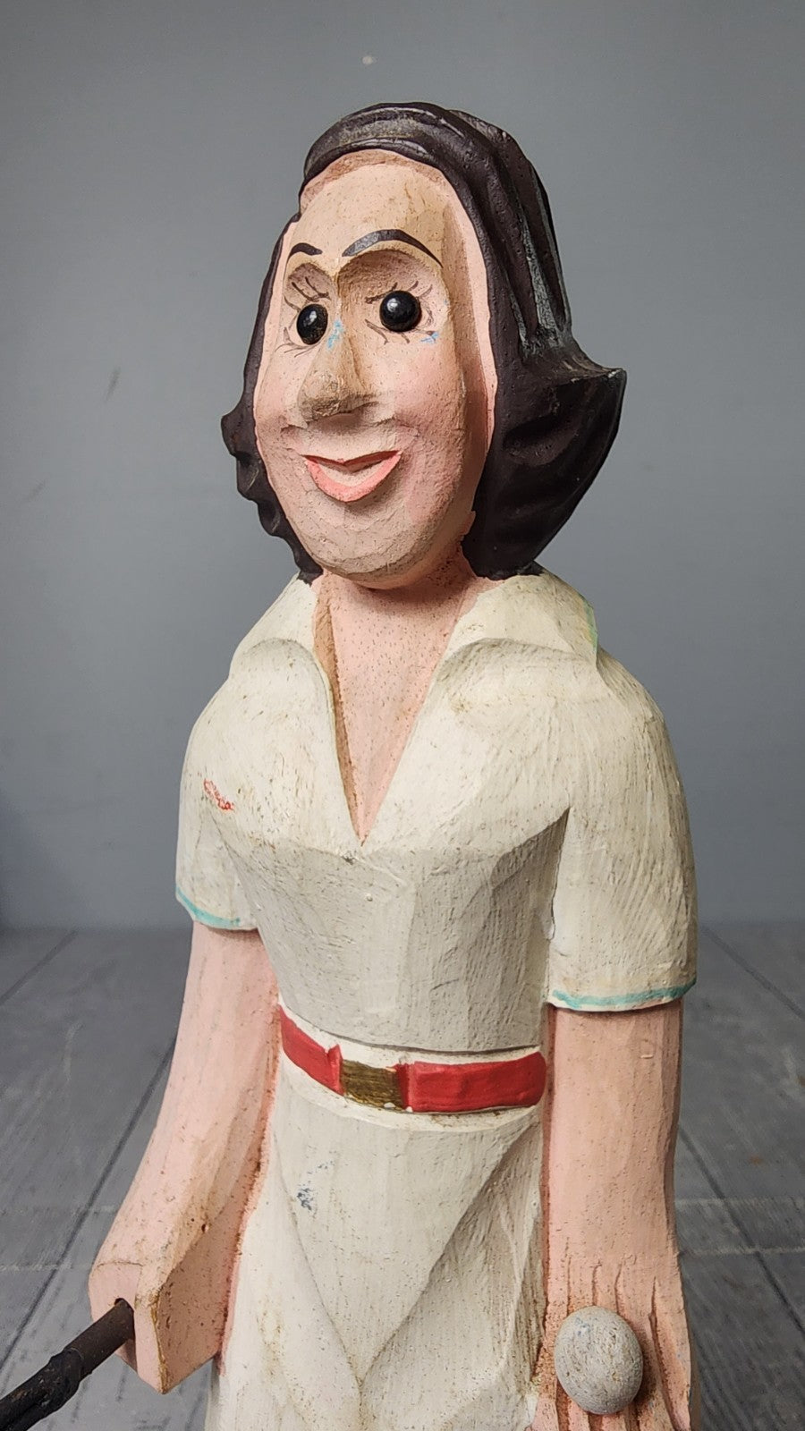 Vintage Hand Carved Wooden Statue Woman Playing Tennis Statue Wood Carving A