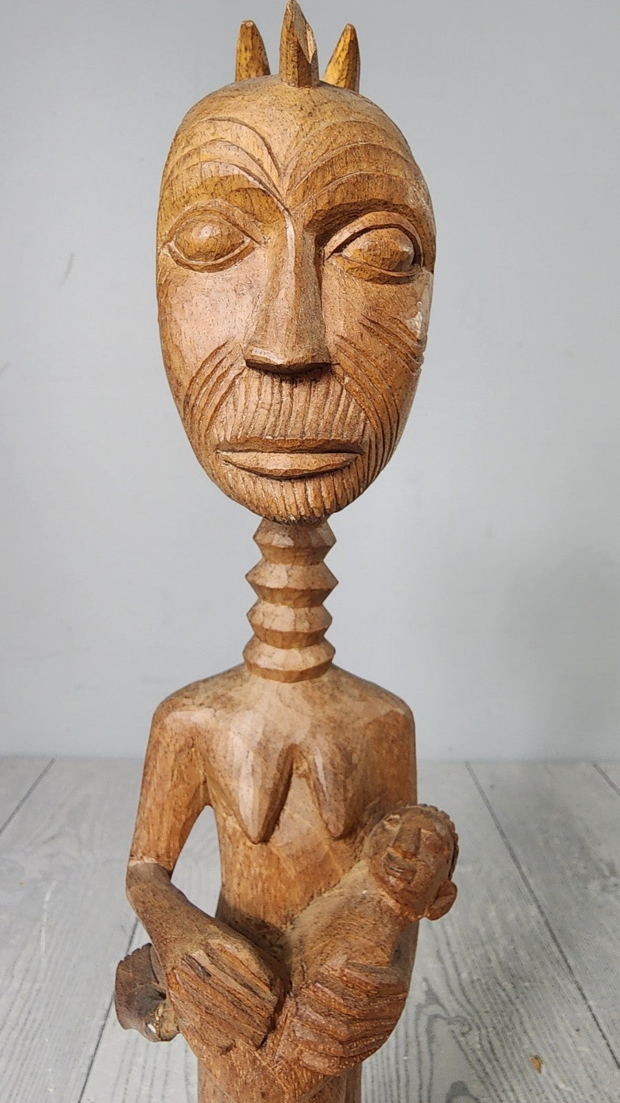 Unique!!! 16" Vintage Tribal Wood Carved Nude Woman Holding Baby
