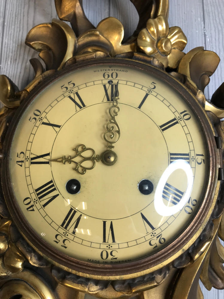 Westerstrand Swedish Hand Carved Wooden Gold Wall Hanging Clock Rococo Style