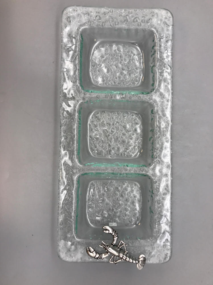 3 Section Bubble Sea Glass Serving Tray with Silver Lobster - Green Hues