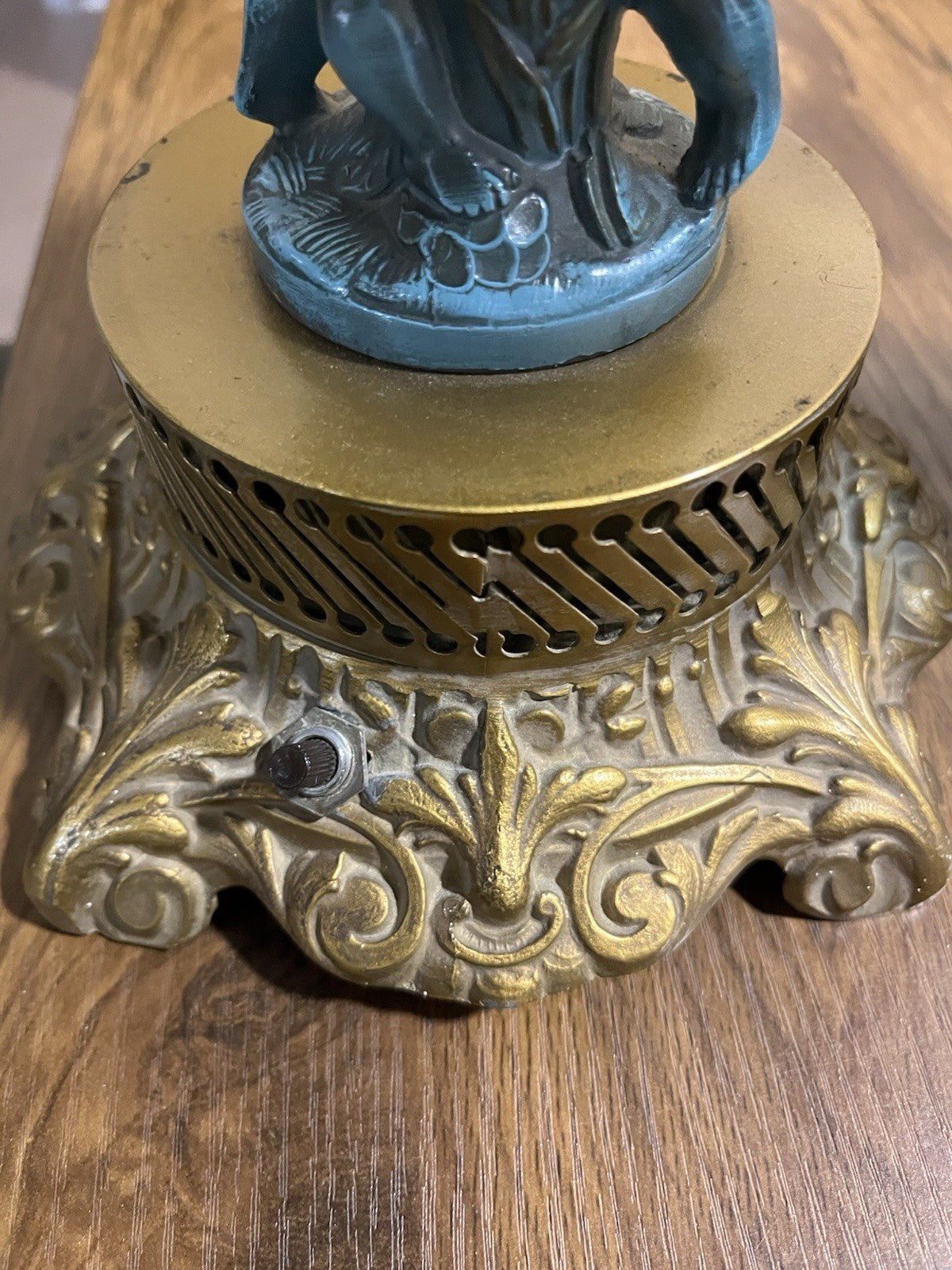 Pair Of Antique Cast Gold Metal With Blue Cherub Figural Table Lamp Clear Shades