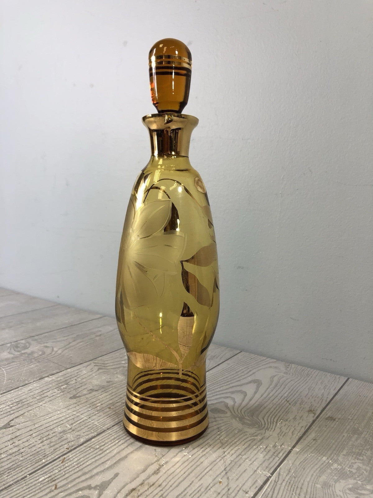 Beautiful Czech Bohemian Cut Amber Crystal Glass Etched Flower Decanter