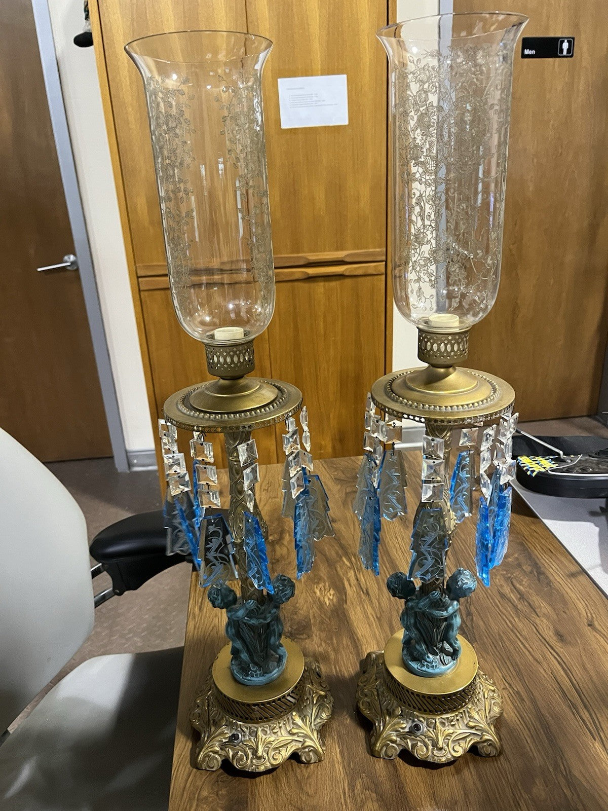 Pair Of Antique Cast Gold Metal With Blue Cherub Figural Table Lamp Clear Shades