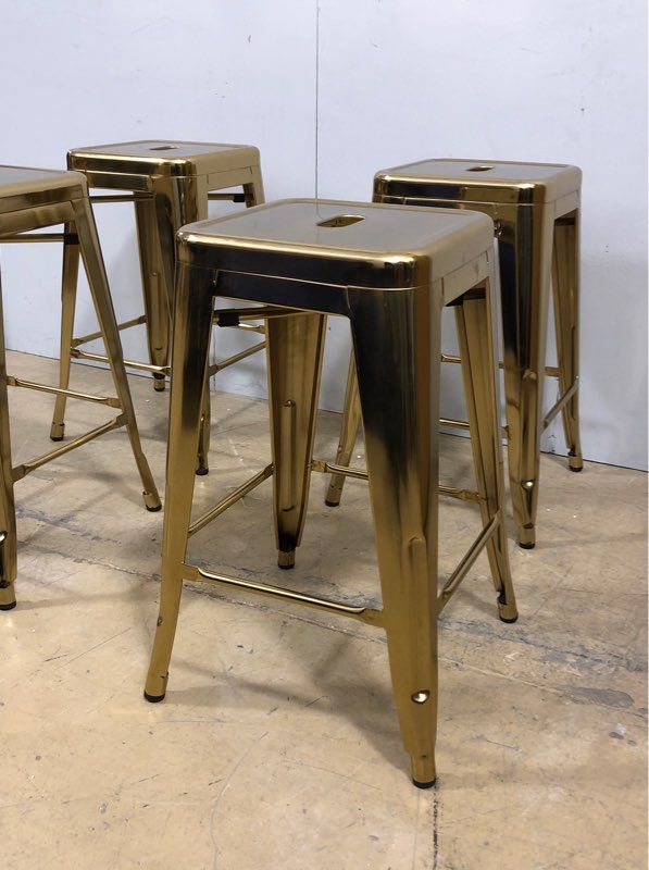 Set of Four Modern Gold Colored Bar Stools - Backless Barstools w/ Square Seats