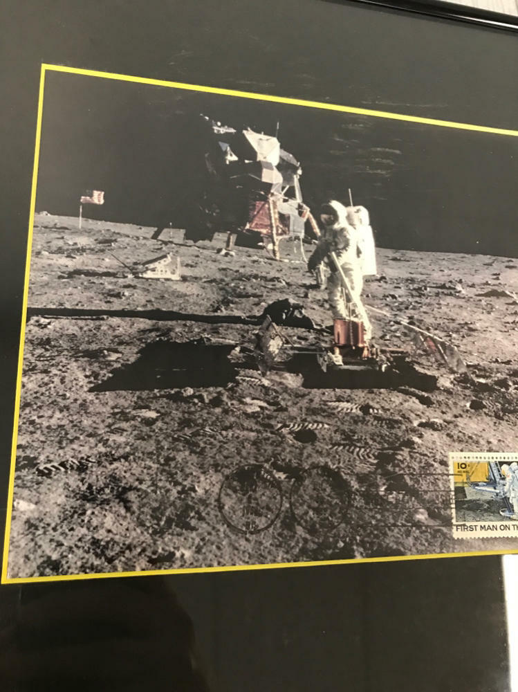Framed NASA photo, patch, and stamp