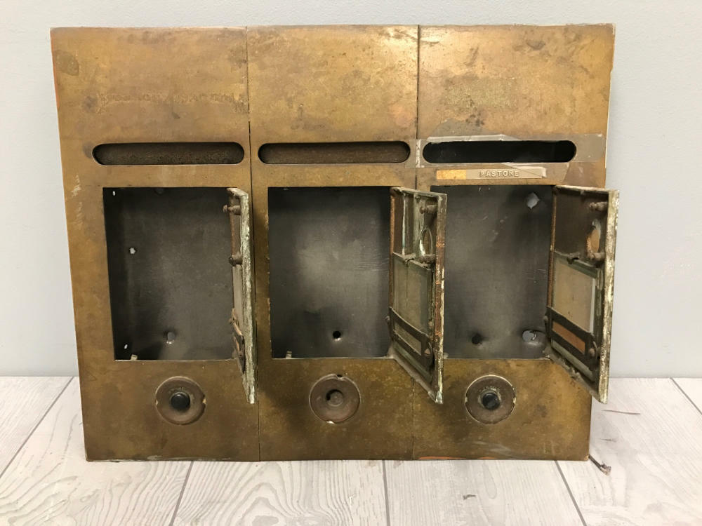 salvaged vintage mailbox and doorbell unit