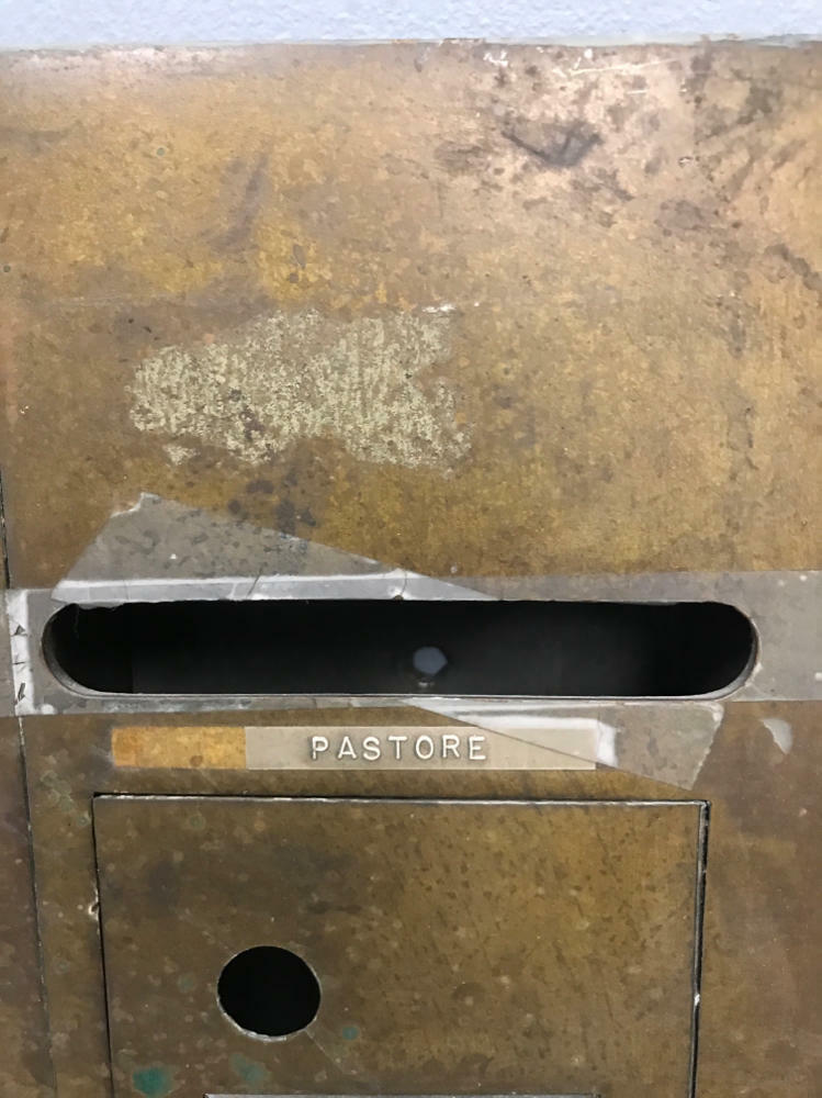 salvaged vintage mailbox and doorbell unit