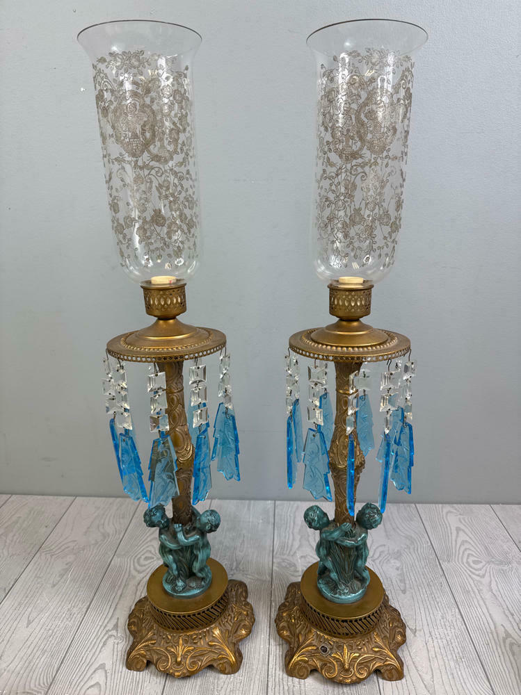 Pair of Antique Gold Metal Table Lamps- Blue Cherubs and Crystals- Glass Shade - Good
