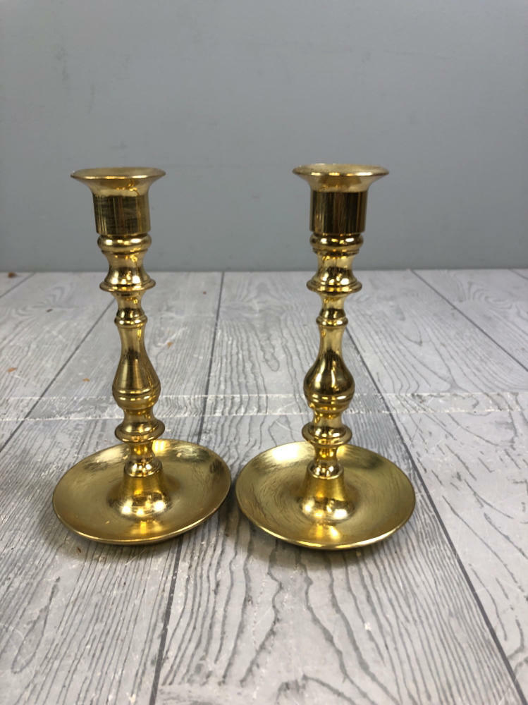 Pair of Baldwin 6.25 Polished Brass Saucer Base Weighted Candle Holders - Decor - Good