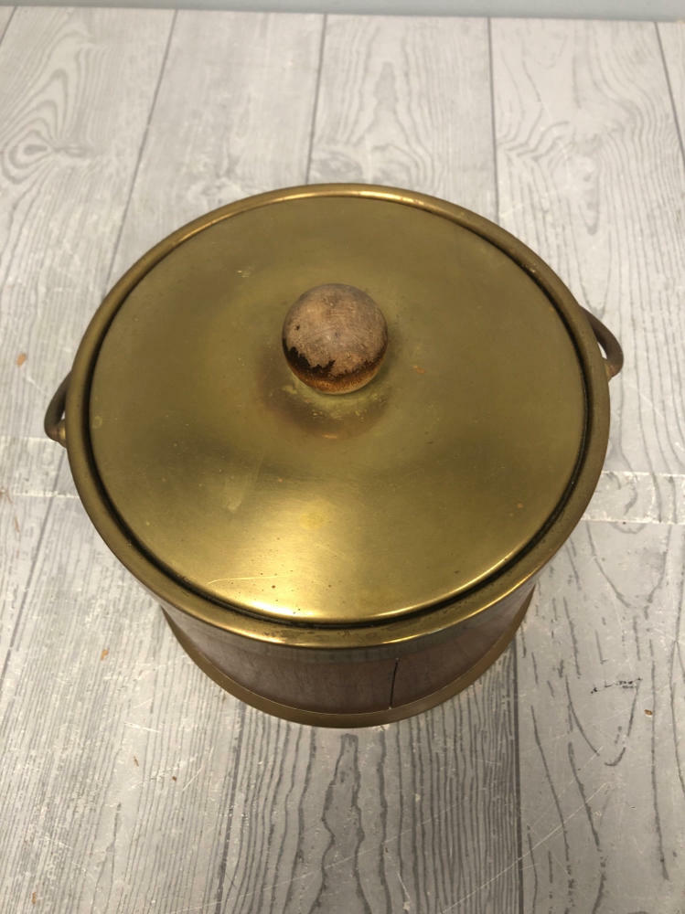 Vintage Henry & Miller Ice Bucket Wood & Brass Outside wt Aluminum Steel Lining - Good