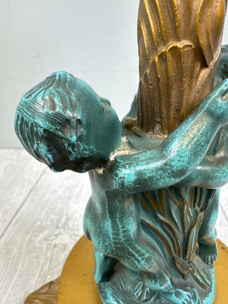 Pair of Antique Gold Metal Table Lamps- Blue Cherubs and Crystals- Glass Shade - Good