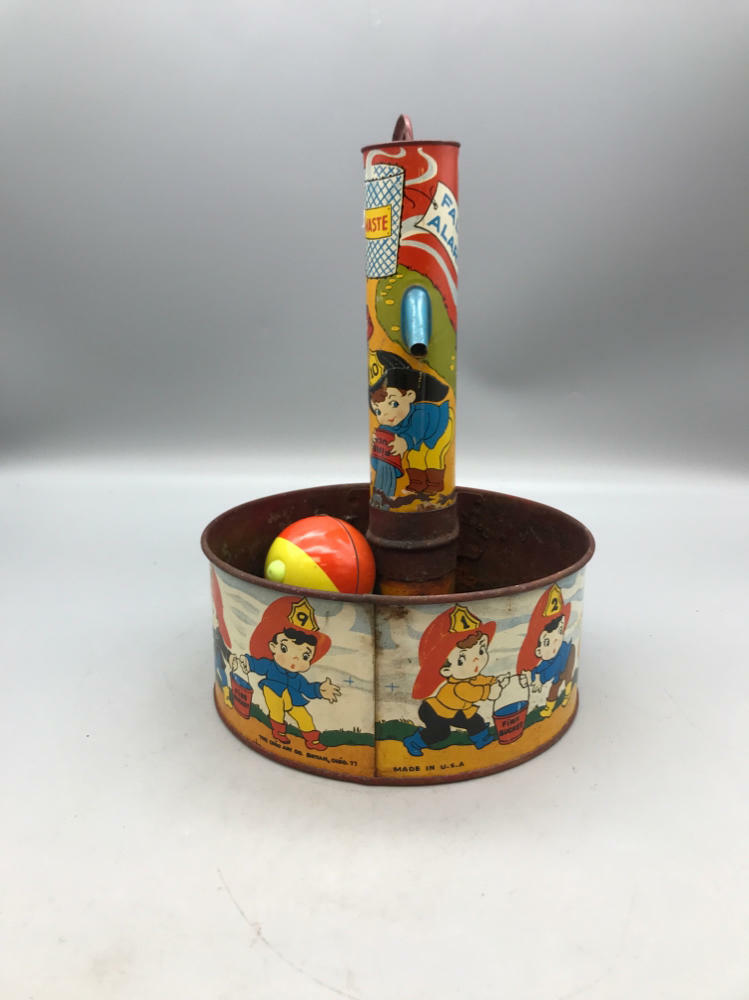 Vintage Ohio Art BHK Benjamin Tin Litho Toy Water Pump False Alarm Firemen - Very Good