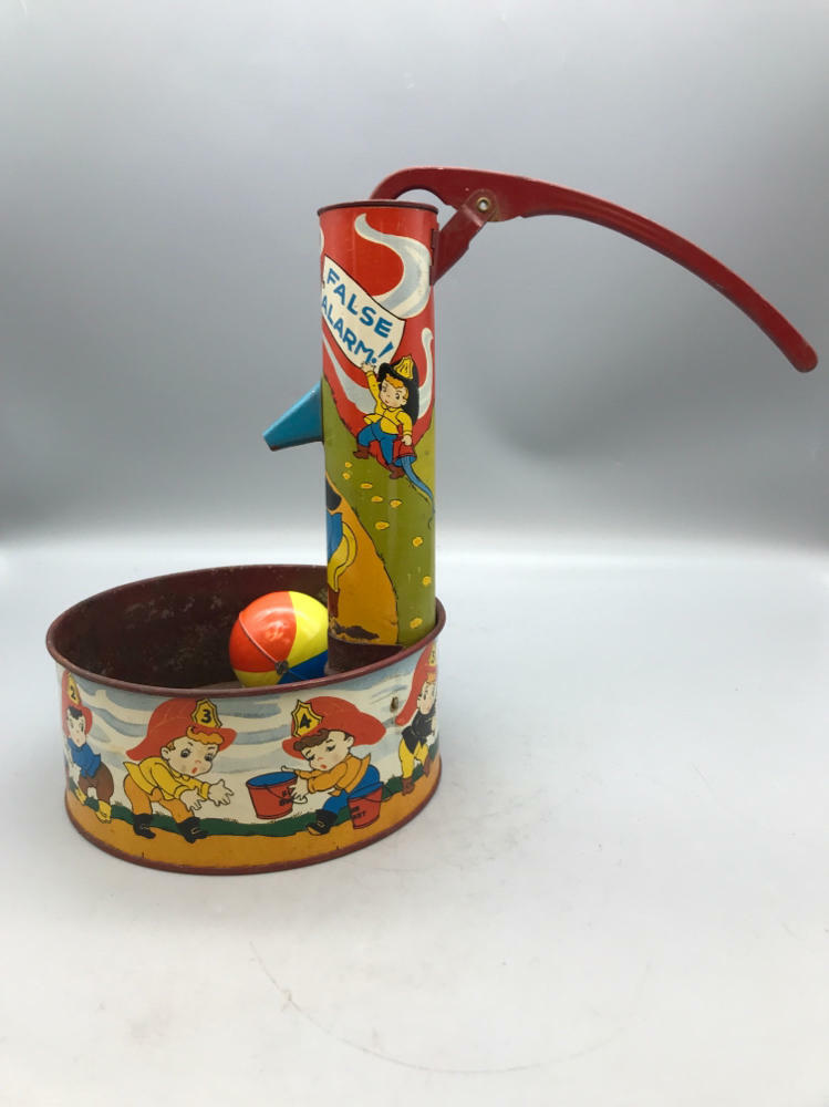 Vintage Ohio Art BHK Benjamin Tin Litho Toy Water Pump False Alarm Firemen - Very Good