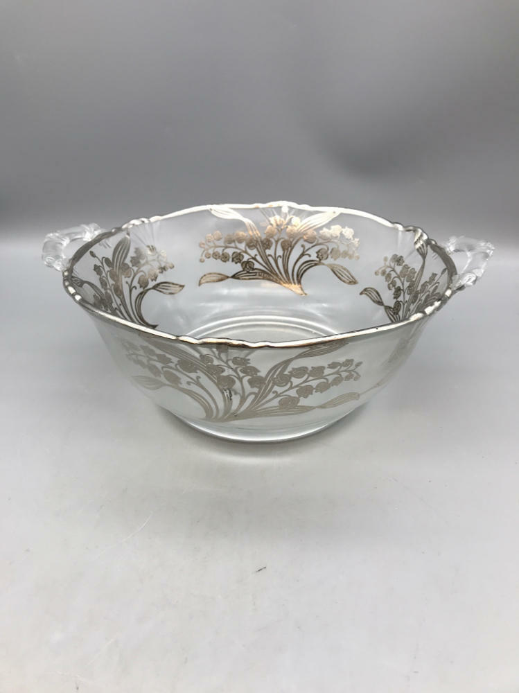 Vintage Clear Glass Serving Bowl With Floral Overlay