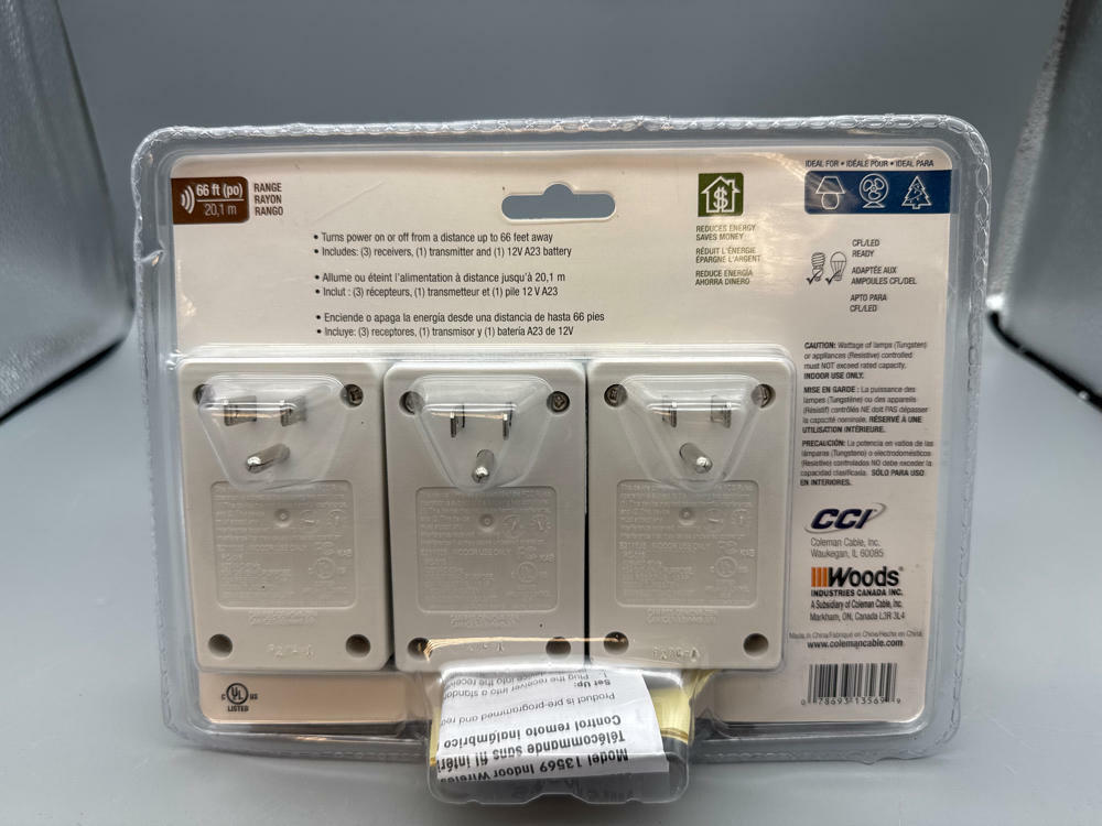 NEW in Box Woods Indoor Wireless Remote Control with 3 Outlets, White - 3-Pack - Good
