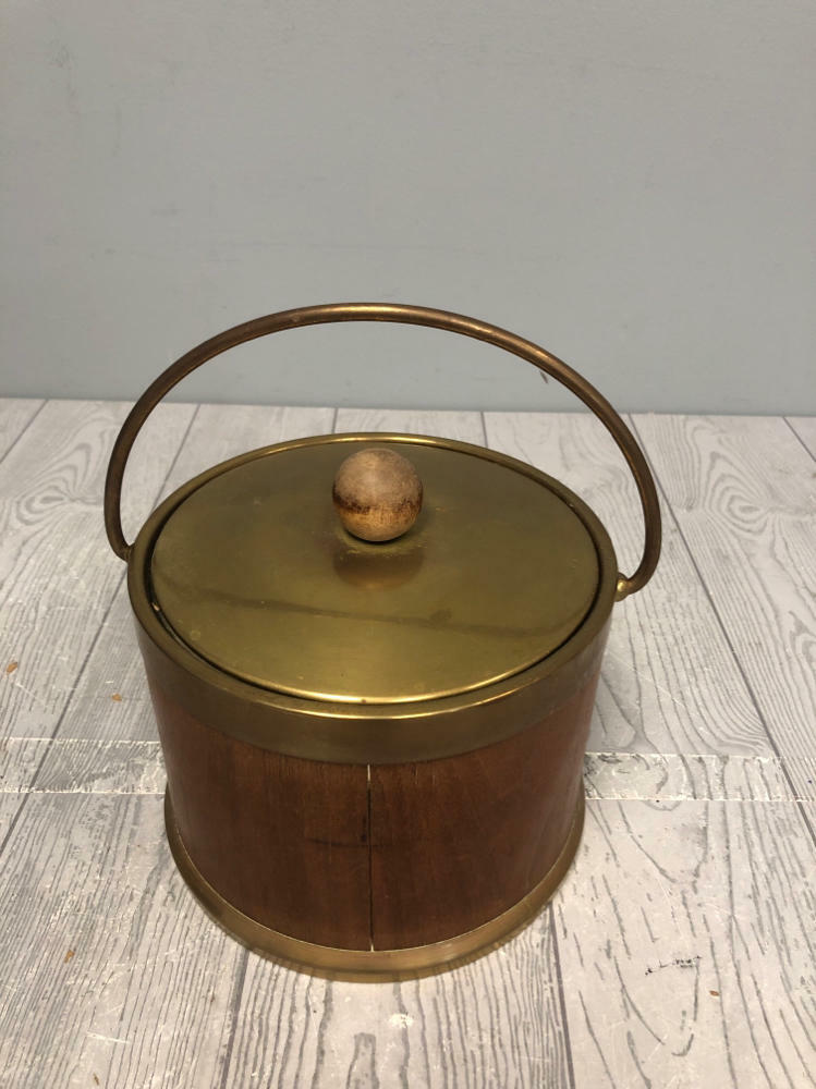 Vintage Henry & Miller Ice Bucket Wood & Brass Outside wt Aluminum Steel Lining - Good