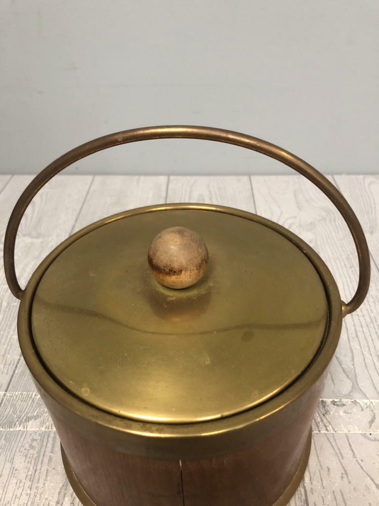 Vintage Henry & Miller Ice Bucket Wood & Brass Outside wt Aluminum Steel Lining - Good