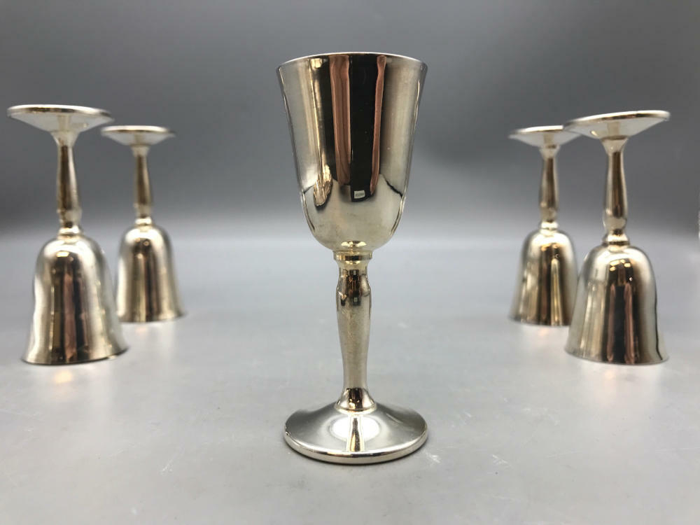 Pilgrim Silver Plate Goblets Set of 5 with Etched Unbranded Silver Plate Tray - Good