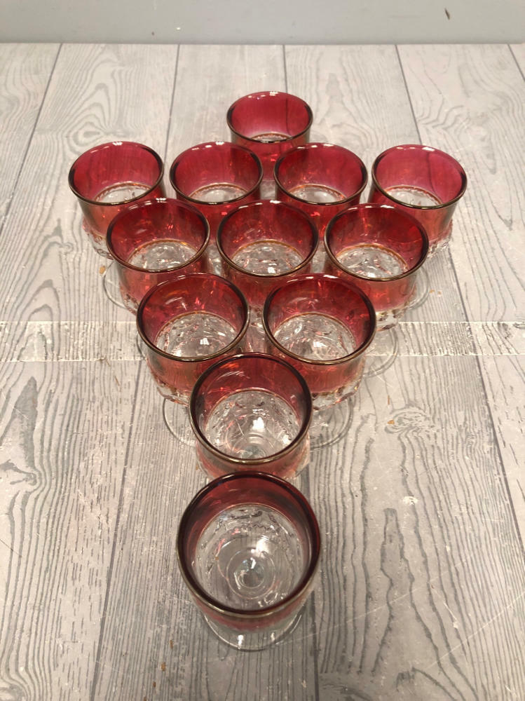 Set of 12 Vintage Goblets/Barware in Kings Crown/Thumbprint Style Ruby Cranberry - Good