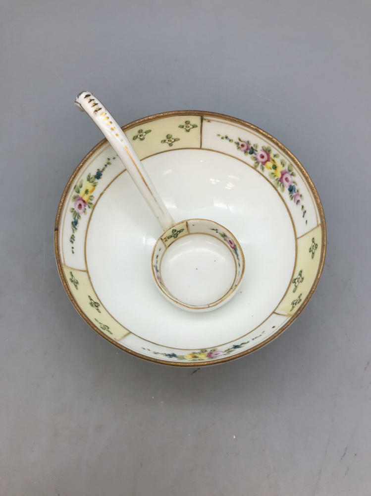Hand painted 3 Legged Nippon Bowl with Spoon/Ladle - Good