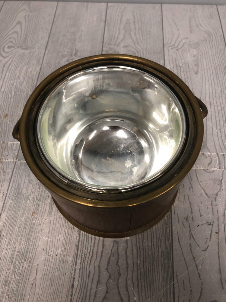 Vintage Henry & Miller Ice Bucket Wood & Brass Outside wt Aluminum Steel Lining - Good
