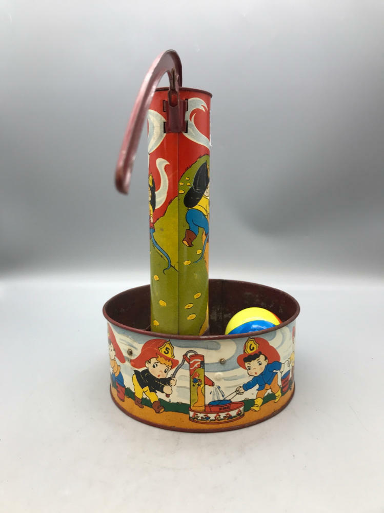 Vintage Ohio Art BHK Benjamin Tin Litho Toy Water Pump False Alarm Firemen - Very Good